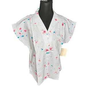 New Vintage Cabrais Womens Button Up Short Sleeve Floral Stripe Top